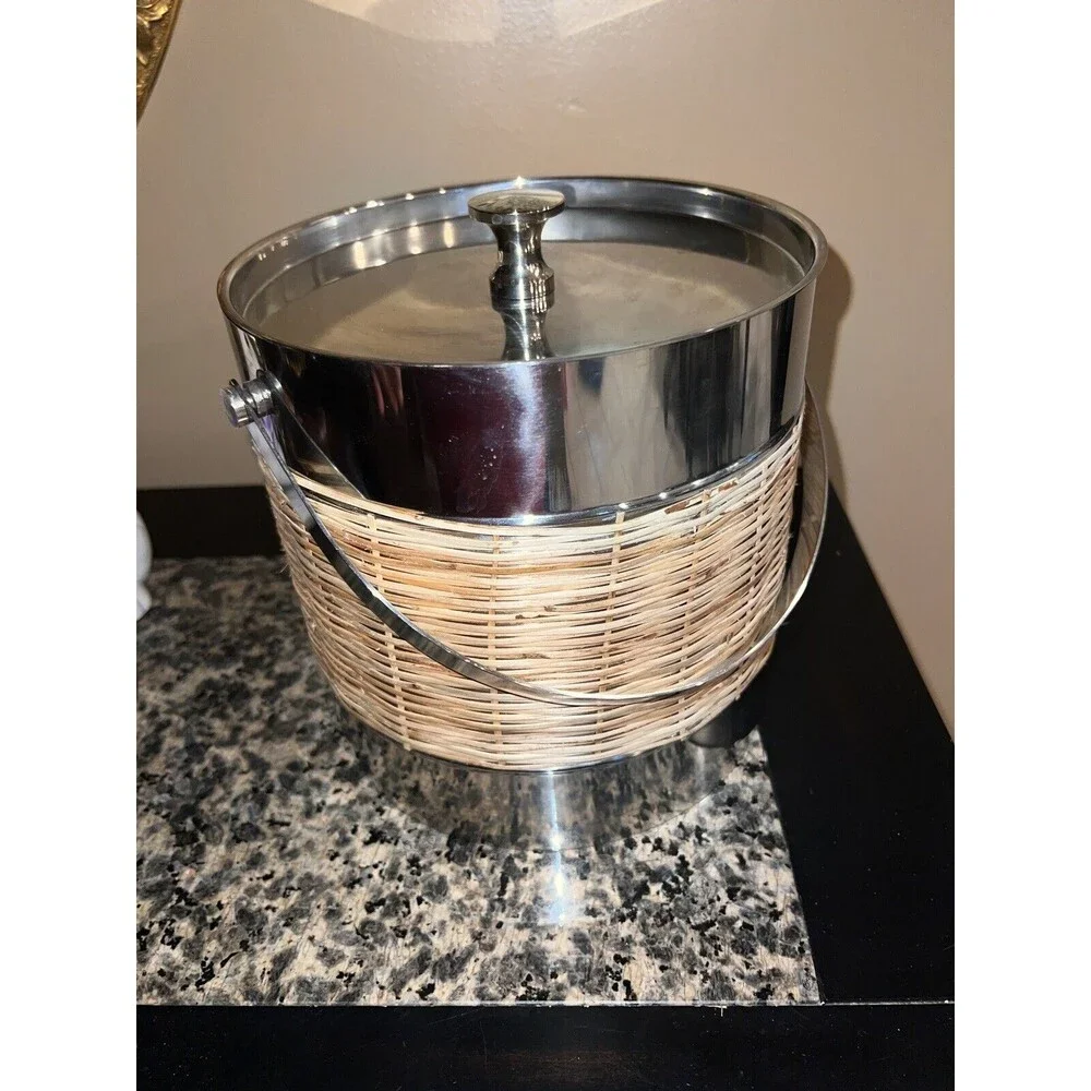 Tommy Bahama Ice Bucket Stainless Steel Basket Weave Nautical Bar